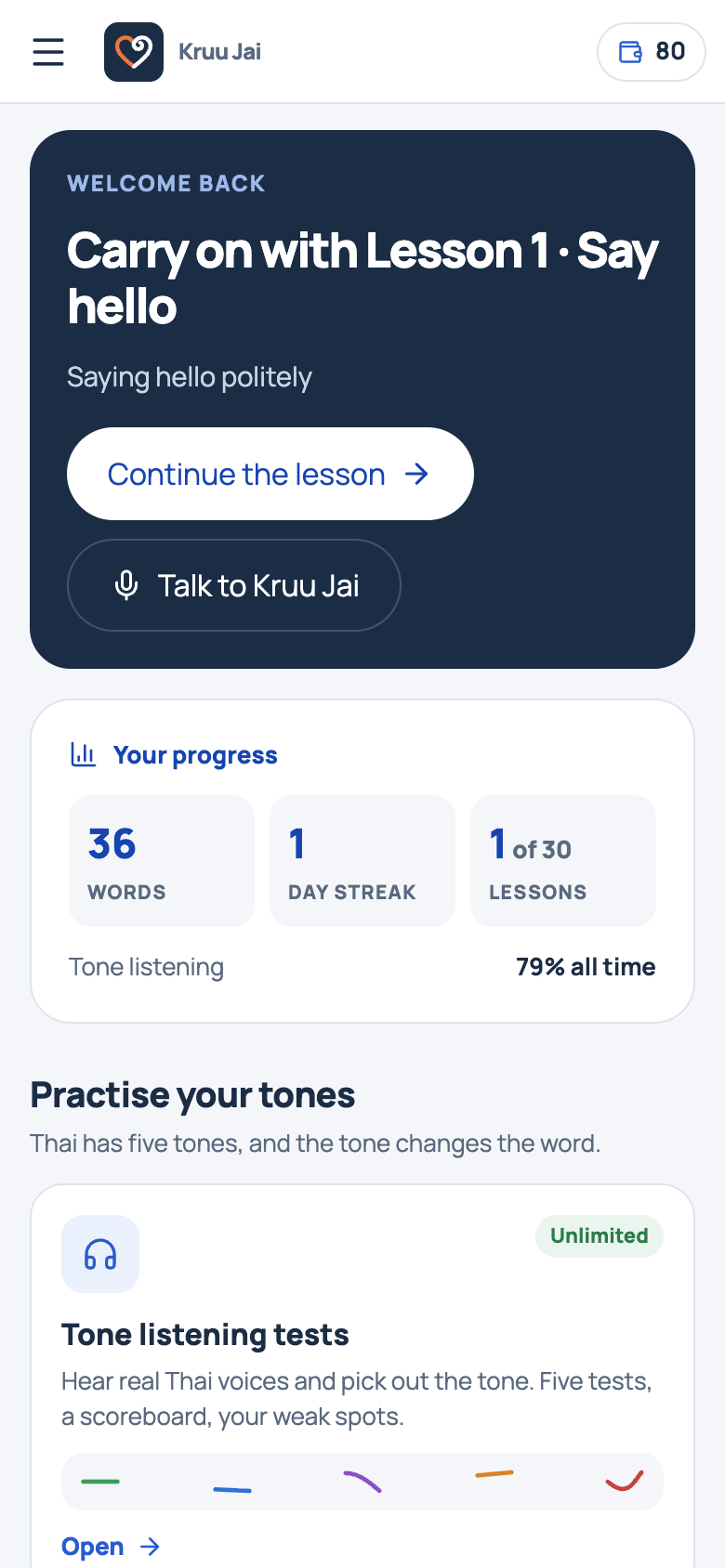 The Kruu Jai overview on a phone, with progress